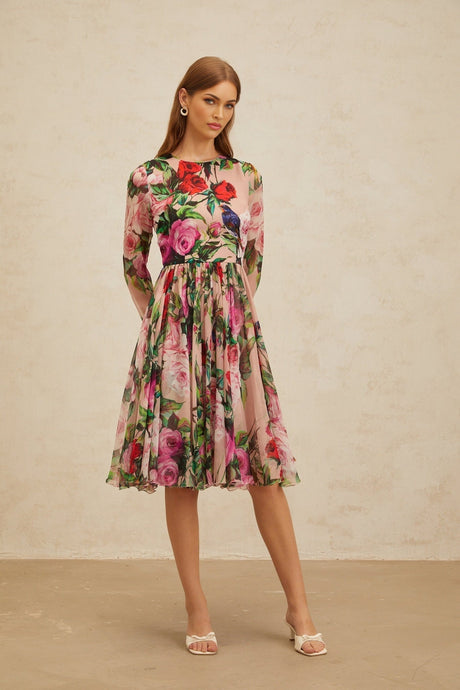 Cassandra Midi Dress - Long Sleeves - Rose Print - Shirred Panel - Rear Zip Fastening - Silk