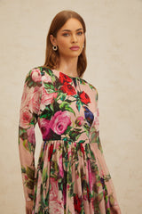 Cassandra Midi Dress - Long Sleeves - Rose Print - Shirred Panel - Rear Zip Fastening - Silk