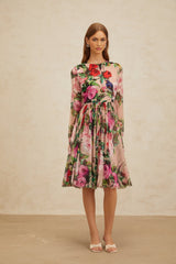 Cassandra Midi Dress - Long Sleeves - Rose Print - Shirred Panel - Rear Zip Fastening - Silk