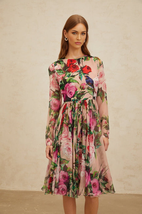 Cassandra Midi Dress - Long Sleeves - Rose Print - Shirred Panel - Rear Zip Fastening - Silk