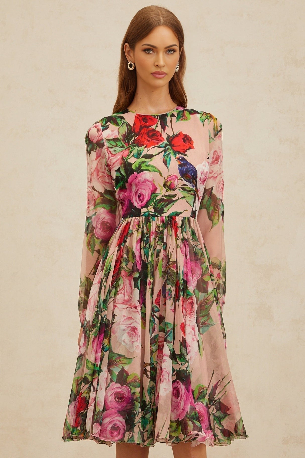 Cassandra Midi Dress - Long Sleeves - Rose Print - Shirred Panel - Rear Zip Fastening - Silk