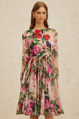 Cassandra Midi Dress - Long Sleeves - Rose Print - Shirred Panel - Rear Zip Fastening - Silk