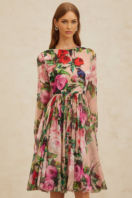 Cassandra Midi Dress - Long Sleeves - Rose Print - Shirred Panel - Rear Zip Fastening - Silk
