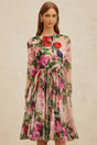 Cassandra Midi Dress - Long Sleeves - Rose Print - Shirred Panel - Rear Zip Fastening - Silk