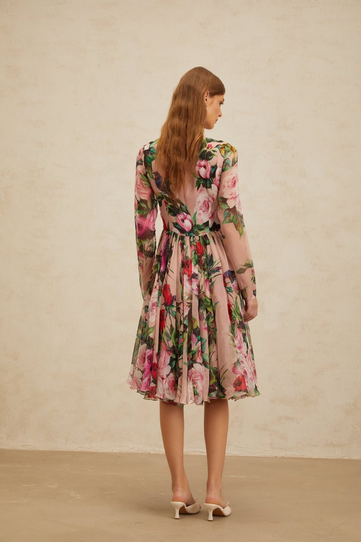 Cassandra Midi Dress - Long Sleeves - Rose Print - Shirred Panel - Rear Zip Fastening - Silk