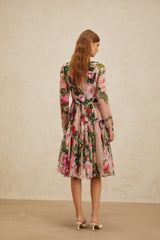 Cassandra Midi Dress - Long Sleeves - Rose Print - Shirred Panel - Rear Zip Fastening - Silk