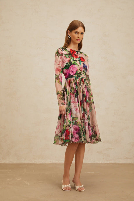 Cassandra Midi Dress - Long Sleeves - Rose Print - Shirred Panel - Rear Zip Fastening - Silk