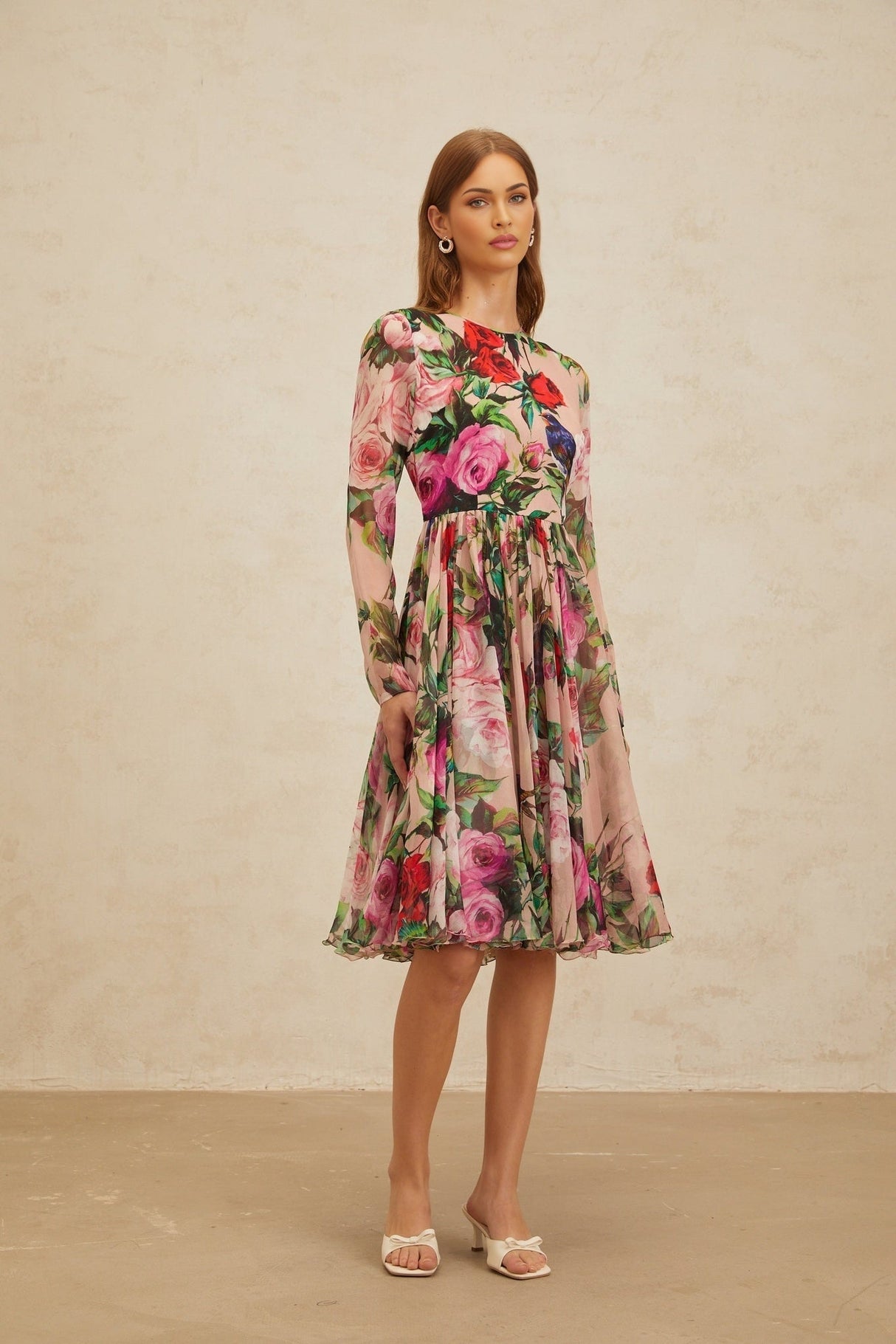 Cassandra Midi Dress - Long Sleeves - Rose Print - Shirred Panel - Rear Zip Fastening - Silk