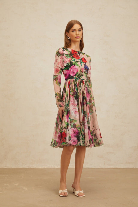 Cassandra Midi Dress - Long Sleeves - Rose Print - Shirred Panel - Rear Zip Fastening - Silk