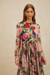 Cassandra Midi Dress - Long Sleeves - Rose Print - Shirred Panel - Rear Zip Fastening - Silk