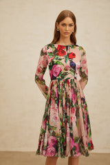 Cassandra Midi Dress - Long Sleeves - Rose Print - Shirred Panel - Rear Zip Fastening - Silk
