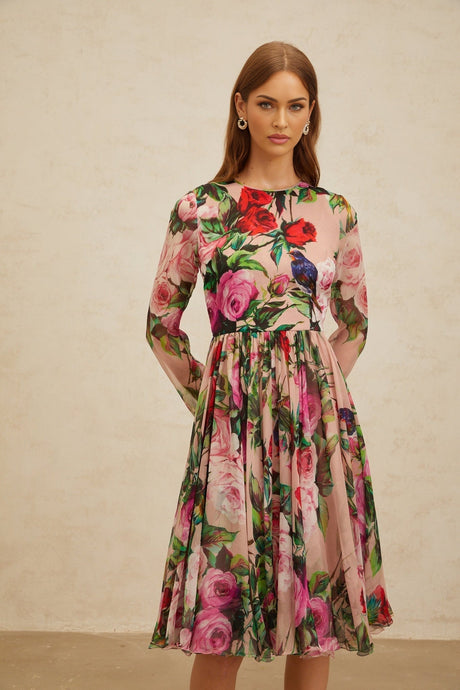 Cassandra Midi Dress - Long Sleeves - Rose Print - Shirred Panel - Rear Zip Fastening - Silk