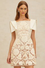 Cassandra Mini Dress - Bateau Neck - Cinched Waist - A - Line - Floral Jacquard - Crochet Detailing