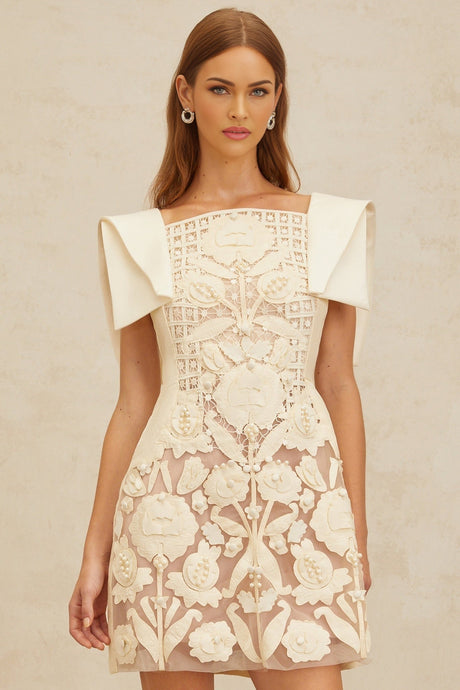 Cassandra Mini Dress - Bateau Neck - Cinched Waist - A - Line - Floral Jacquard - Crochet Detailing