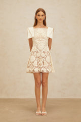 Cassandra Mini Dress - Bateau Neck - Cinched Waist - A - Line - Floral Jacquard - Crochet Detailing