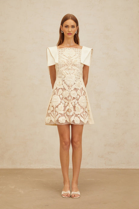 Cassandra Mini Dress - Bateau Neck - Cinched Waist - A - Line - Floral Jacquard - Crochet Detailing