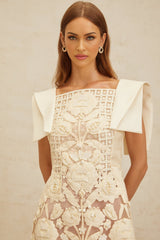 Cassandra Mini Dress - Bateau Neck - Cinched Waist - A - Line - Floral Jacquard - Crochet Detailing