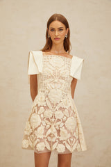 Cassandra Mini Dress - Bateau Neck - Cinched Waist - A - Line - Floral Jacquard - Crochet Detailing