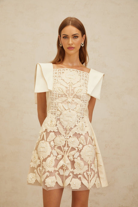 Cassandra Mini Dress - Bateau Neck - Cinched Waist - A - Line - Floral Jacquard - Crochet Detailing