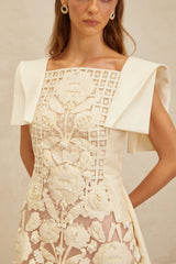 Cassandra Mini Dress - Bateau Neck - Cinched Waist - A - Line - Floral Jacquard - Crochet Detailing