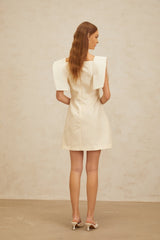 Cassandra Mini Dress - Bateau Neck - Cinched Waist - A - Line - Floral Jacquard - Crochet Detailing