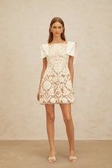 Cassandra Mini Dress - Bateau Neck - Cinched Waist - A - Line - Floral Jacquard - Crochet Detailing