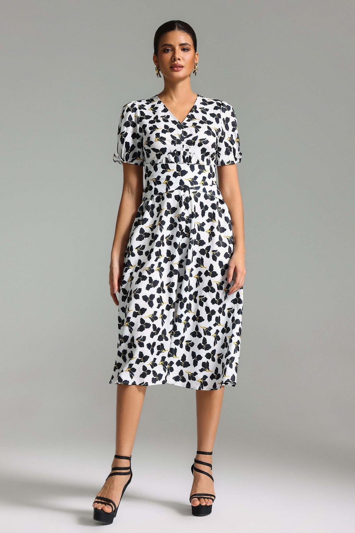 Cassandra White Floral Midi Dress V-neck Puff Sleeves Cinched Waist
