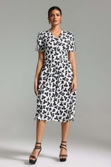 Cassandra White Floral Midi Dress V-neck Puff Sleeves Cinched Waist