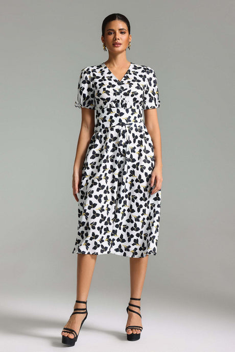 Cassandra White Floral Midi Dress V-neck Puff Sleeves Cinched Waist