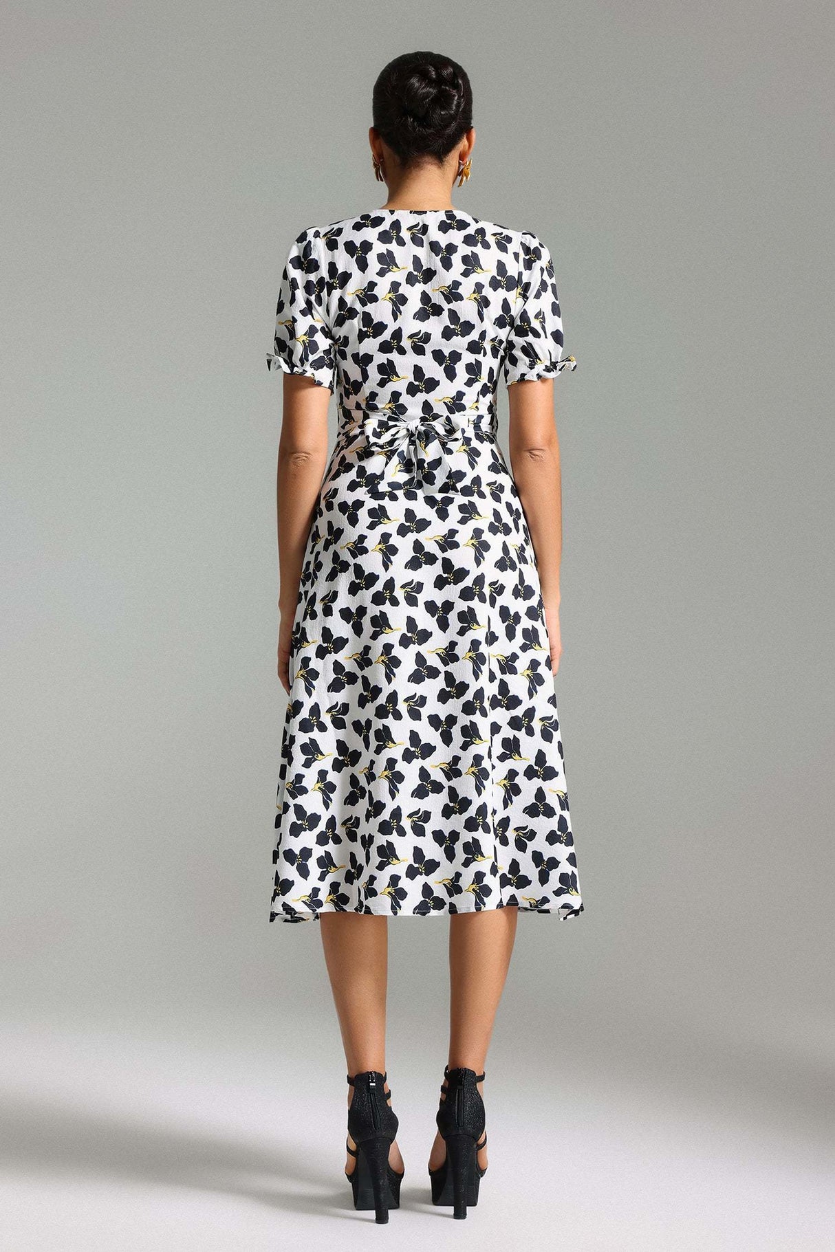 Cassandra White Floral Midi Dress V-neck Puff Sleeve Cinched Waist Lightweight Fabric