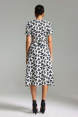 Cassandra White Floral Midi Dress V-neck Puff Sleeve Cinched Waist Lightweight Fabric
