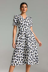 Cassandra White Floral Midi Dress V-Neck Puff Sleeves Cinched Waist