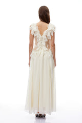 Cassandre Ivory VNeck Ruffled Maxi Dress with Lace Trim