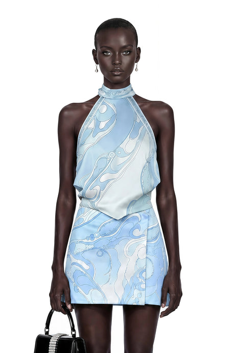 Cassia Blue Floral Halterneck Top  Skirt Set