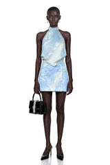 Cassia Blue Floral Halterneck Top  Skirt Set