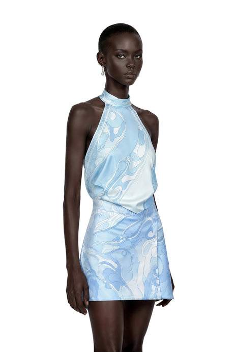 Cassia Blue Floral Halterneck Top  Skirt Set