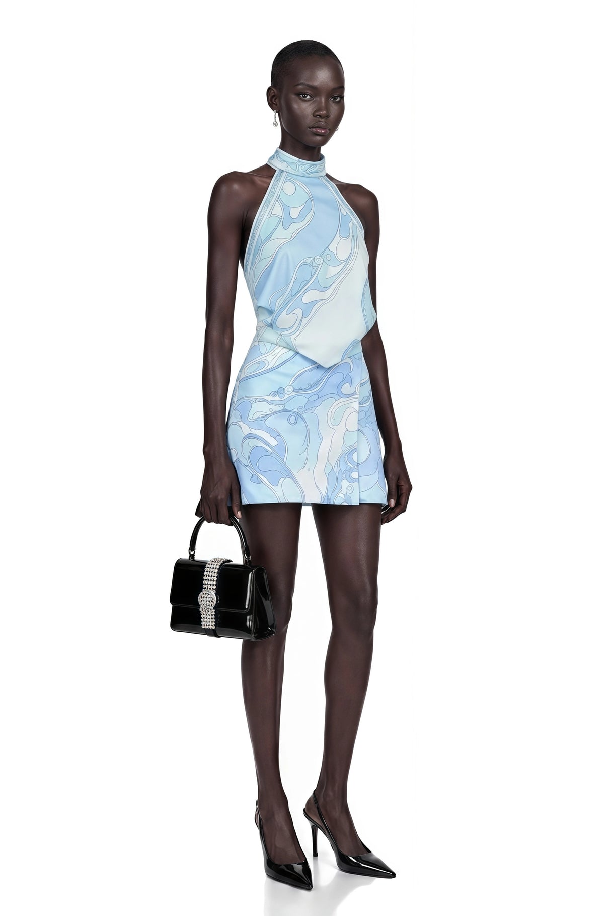 Cassia Blue Floral Halterneck Top  Skirt Set