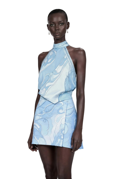 Cassia Blue Floral Halterneck Top  Skirt Set