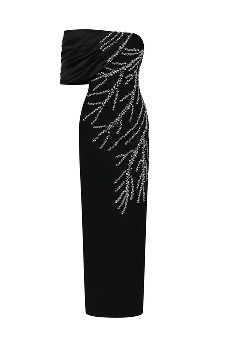 Cassidy Black Diamond Embellished One-Shoulder Dress