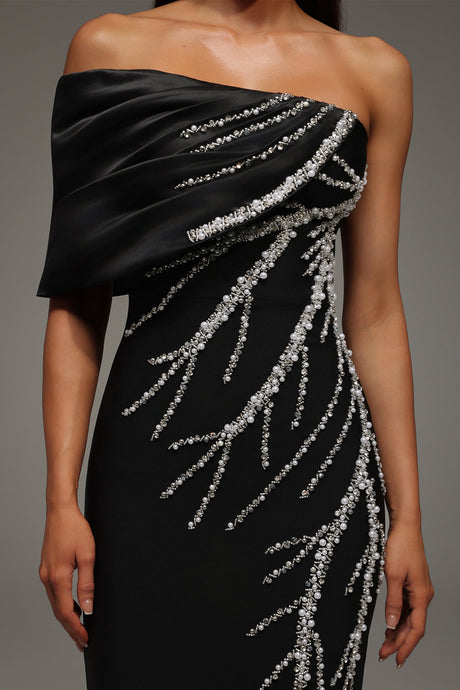 Cassidy Black Diamond Embellished One-Shoulder Dress