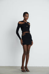 Cassidy Cut - Out Long Sleeve Top – Stretch Jersey – Gathered Detail – Gold - Tone Hardware – Zip Back