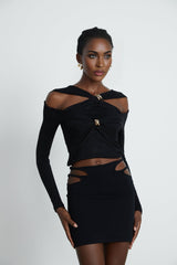Cassidy Cut - Out Long Sleeve Top – Stretch Jersey – Gathered Detail – Gold - Tone Hardware – Zip Back