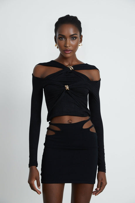 Cassidy Cut - Out Long Sleeve Top – Stretch Jersey – Gathered Detail – Gold - Tone Hardware – Zip Back