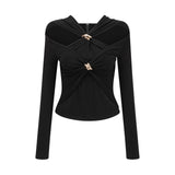 Cassidy Cut - Out Long Sleeve Top – Stretch Jersey – Gathered Detail – Gold - Tone Hardware – Zip Back