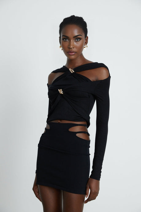 Cassidy Cut - Out Long Sleeve Top – Stretch Jersey – Gathered Detail – Gold - Tone Hardware – Zip Back