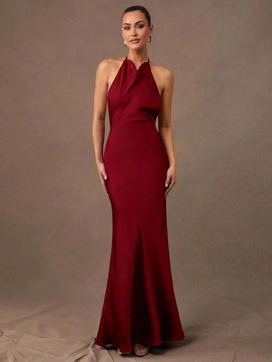 Cassidy Maxi Dress - Mermaid Hem Shape - Slim Fit Type - Sleeveless Length - Backless, Tie Back, Zipper - A Line Style - Halter Neckline
