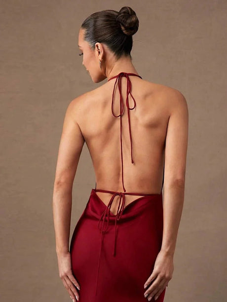 Cassidy Maxi Dress - Mermaid Hem Shape - Slim Fit Type - Sleeveless Length - Backless, Tie Back, Zipper - A Line Style - Halter Neckline