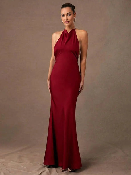 Cassidy Maxi Dress - Mermaid Hem Shape - Slim Fit Type - Sleeveless Length - Backless, Tie Back, Zipper - A Line Style - Halter Neckline