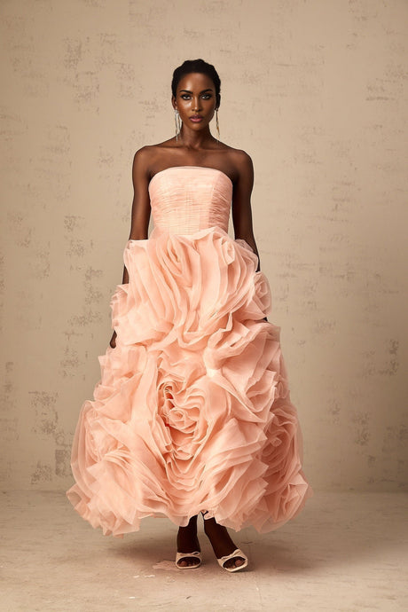 Cassidy Midi Dress - Off the Shoulder Style - Sleeveless Design - 3D Petal Detailing - Puff Skirt