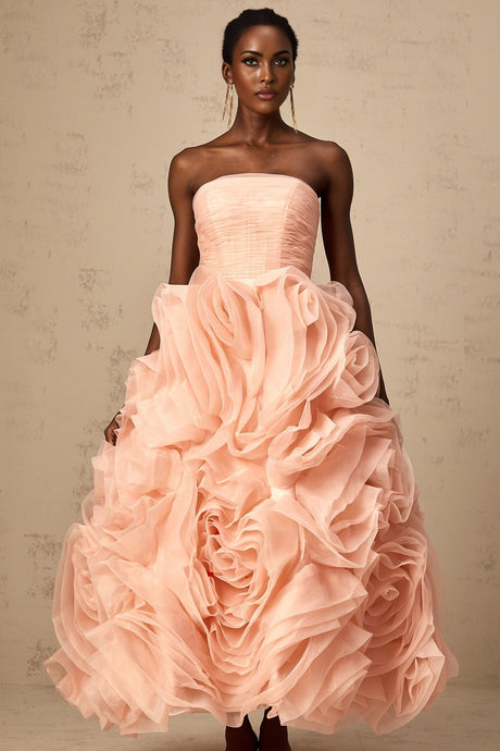 Cassidy Midi Dress - Off the Shoulder Style - Sleeveless Design - 3D Petal Detailing - Puff Skirt